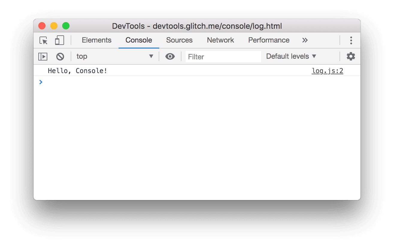 Capture du panneau Console de Chrome DevTools avec un message et son lien fichier-ligne.