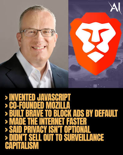 Portrait de Brendan Eich, logo Brave et liste de ses principales réalisations.