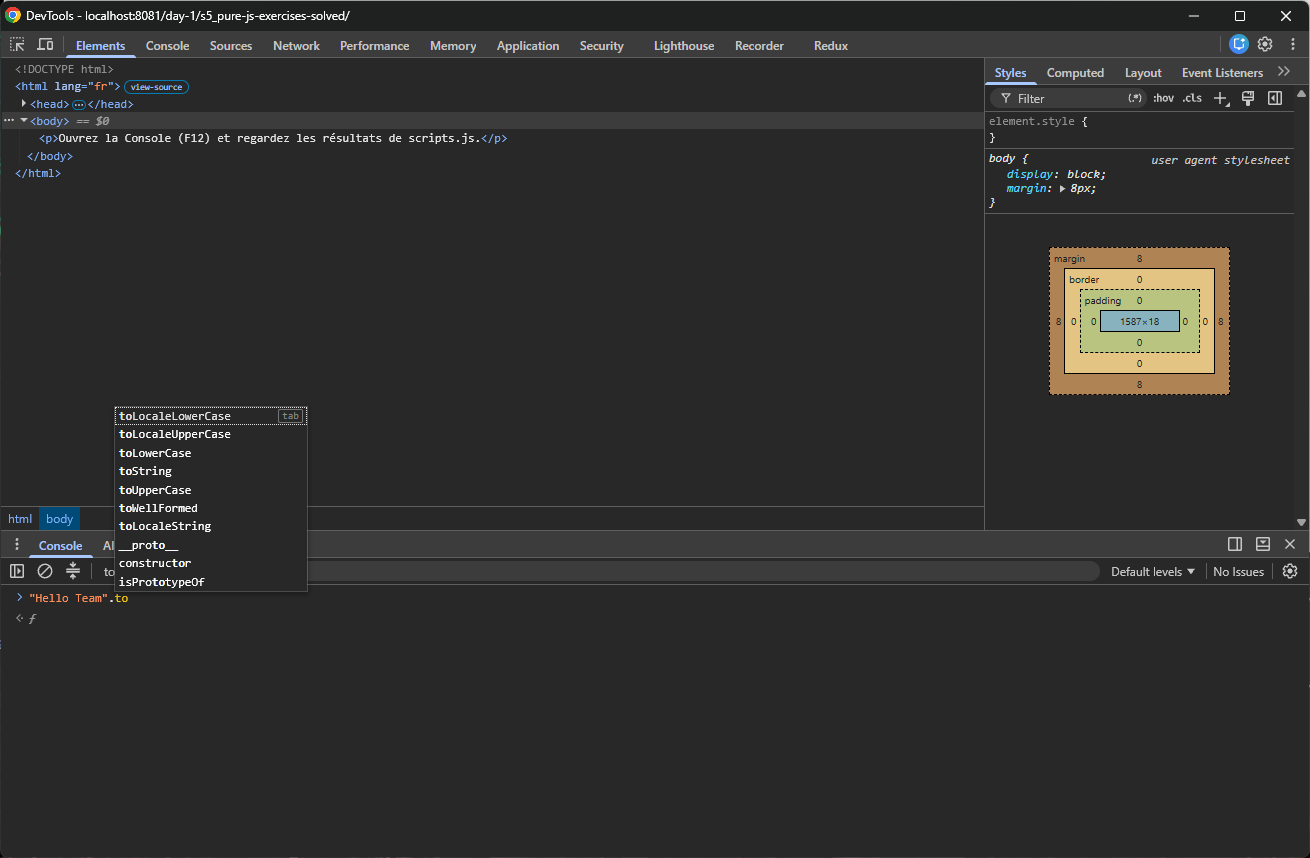 DevTools avec la Console ouverte et les suggestions d’autocomplétion affichées après Ctrl + Espace.