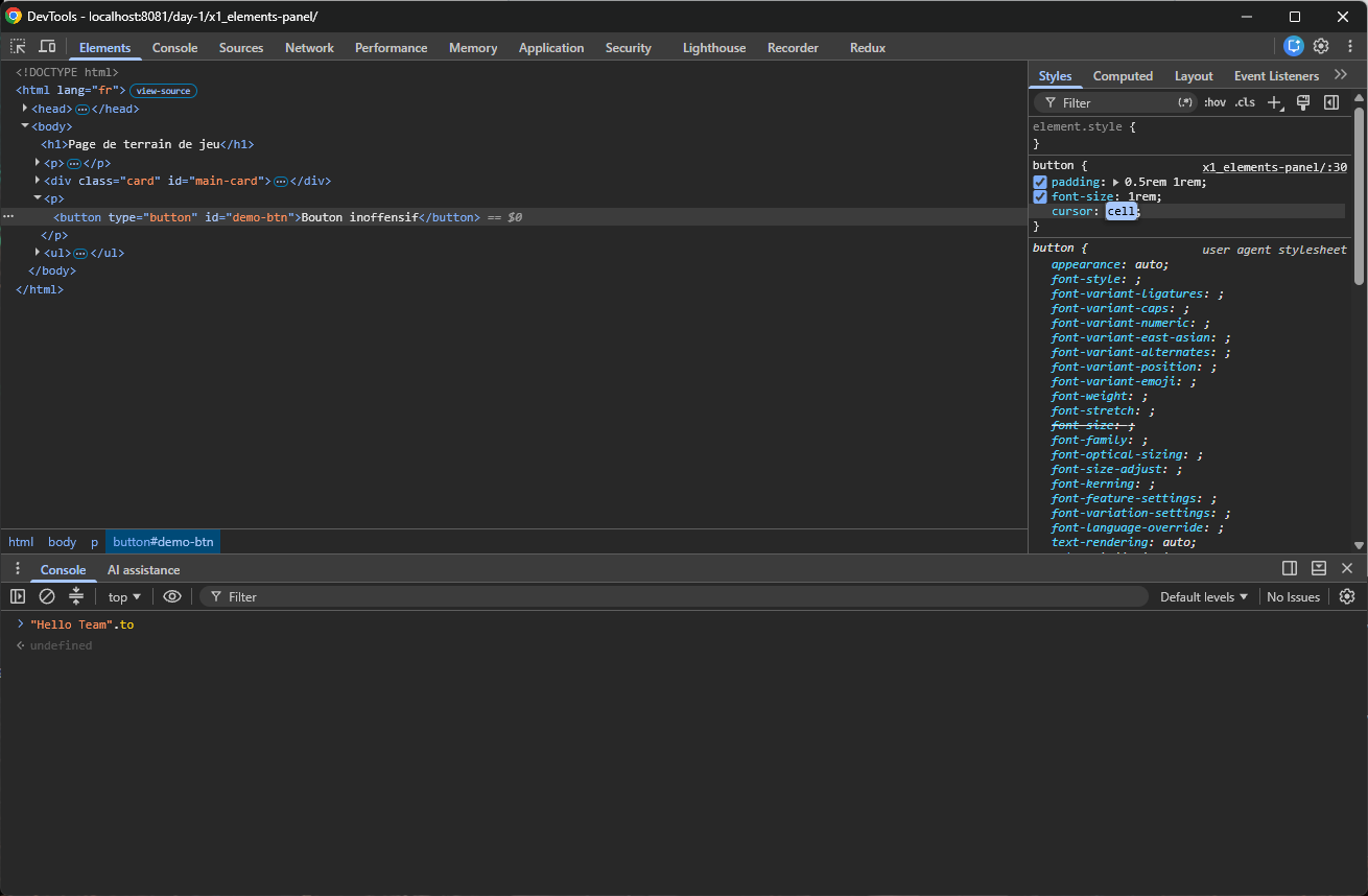 DevTools ouverts sur le panneau Elements de la page de terrain de jeu.