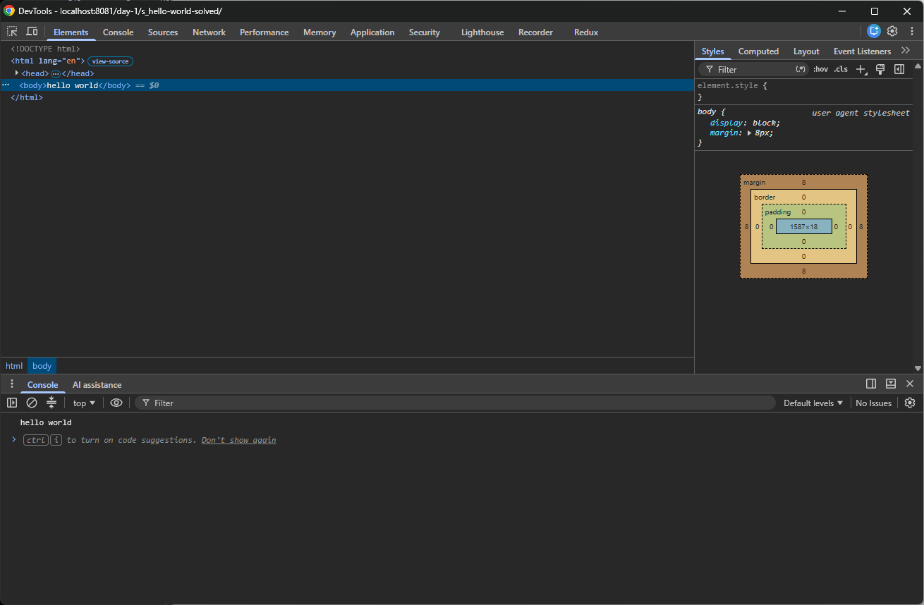 DevTools ouverts avec le message hello world affiché dans la console.