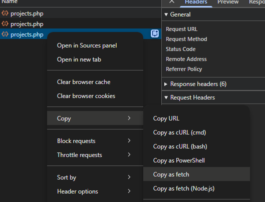 Menu Copy d’une requête Network avec les options Copy URL, cURL, PowerShell et fetch.