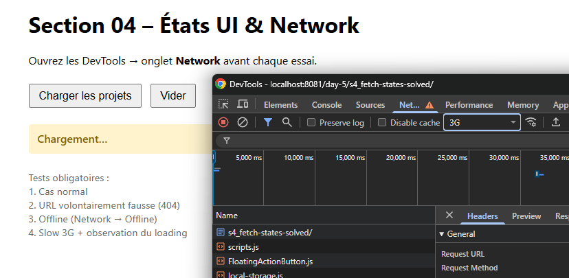 DevTools ouverts sur Network en mode 3G pendant le chargement des projets.