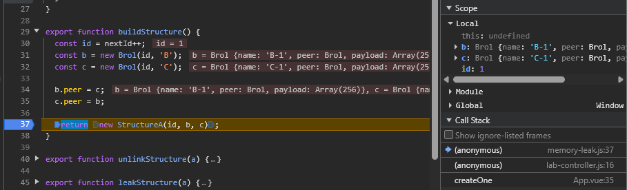DevTools arrêté dans buildStructure, avec Scope ouvert sur Local et Call Stack ouvert sous les scopes.