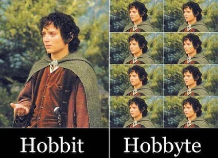 Mème comparant un Hobbit à huit versions miniatures, légendé Hobbit et Hobbyte.