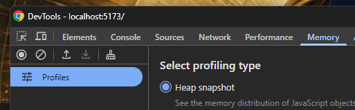 Panneau Memory de DevTools avec l’icône de garbage collection dans la barre supérieure.