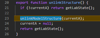 Extrait de lab-controller.js : unlinkModelStructure reçoit currentA, puis currentA reçoit null.
