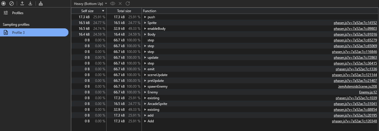 Résultat d’un Allocation sampling dans Heavy (Bottom Up), montrant notamment une allocation attribuée à spawnEnemy.