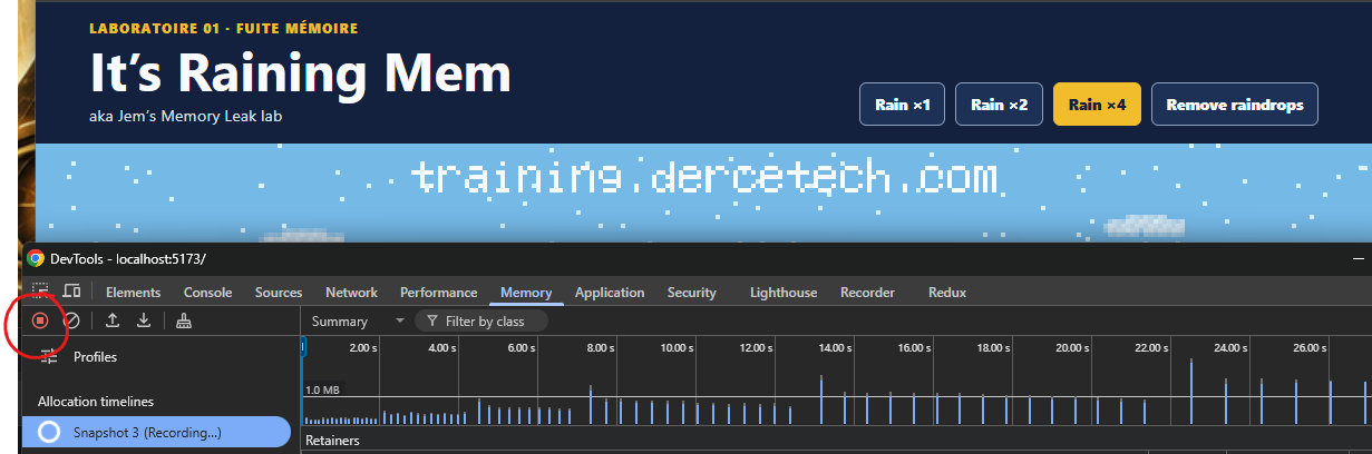 Le lab It’s Raining Mem ouvert avec Chrome DevTools : Allocations on timeline est en cours d’enregistrement et le bouton Enregistrer est entouré.