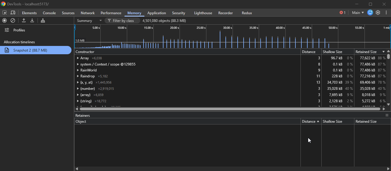 Animation du panneau Memory de Chrome DevTools : la timeline d’allocations est sélectionnée et le constructor Raindrop affiche plus de 2 000 instances encore en mémoire.