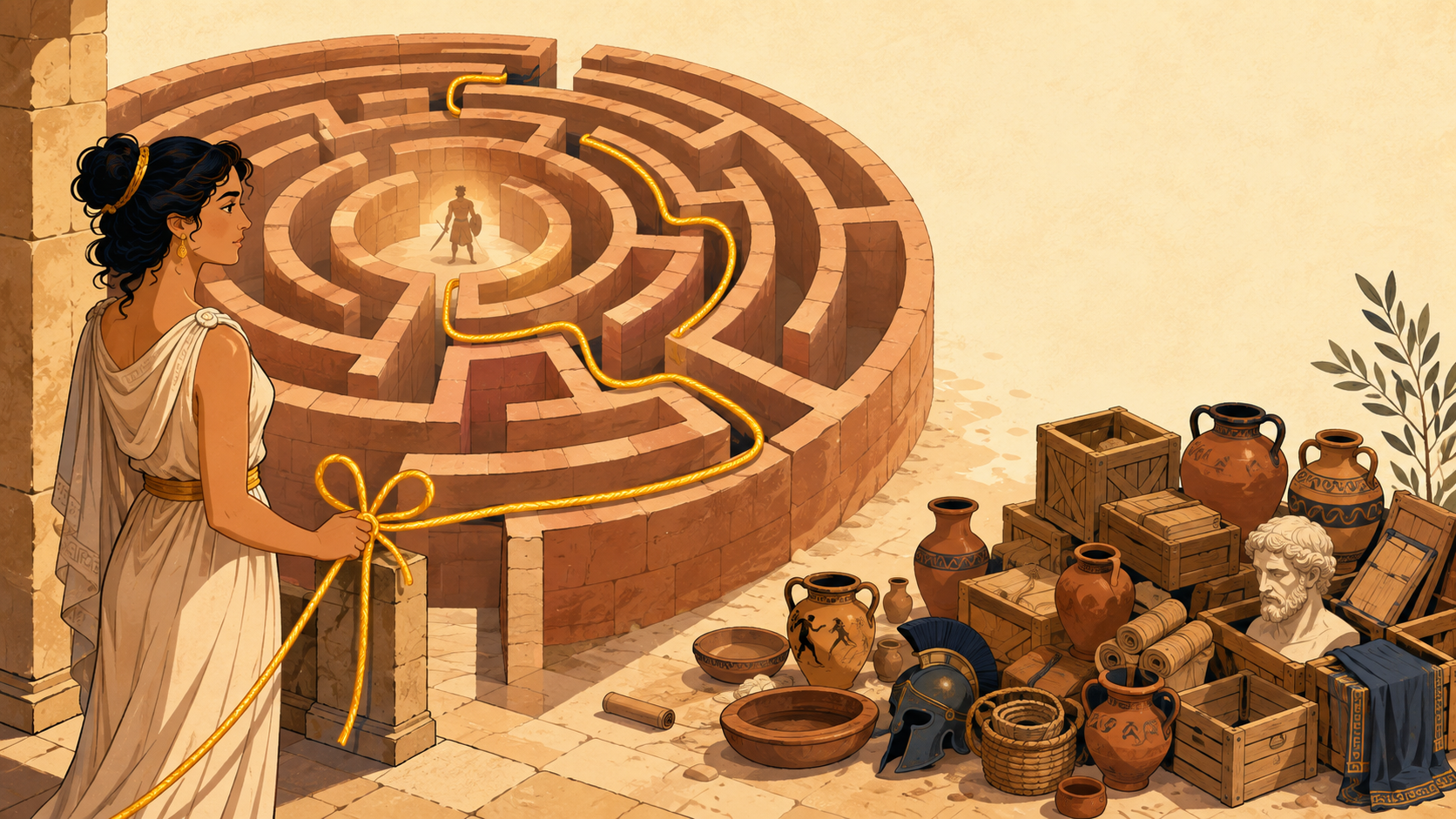 Ariane tient un fil doré noué devant un labyrinthe. Le fil traverse le labyrinthe jusqu’à Thésée, tandis qu’une pile d’objets est rangée dans une cour à côté.