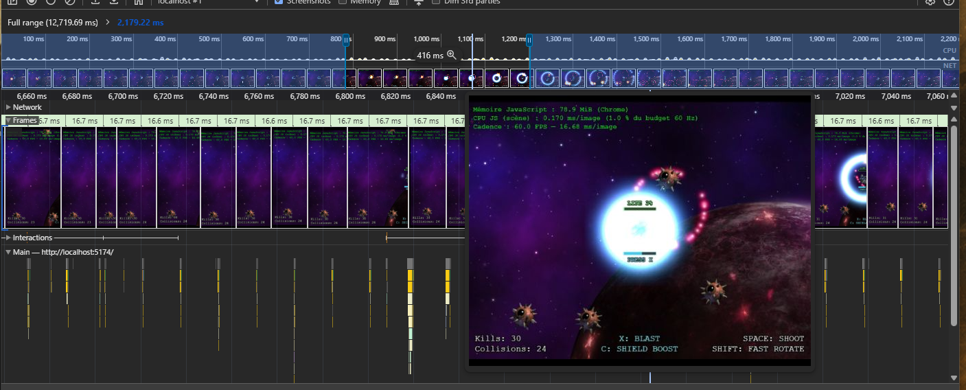 Chrome DevTools ouvert sur une trace Performance du sandbox arcade : frames, Main thread et capture du jeu pixel art inspiré d’Asteroids.