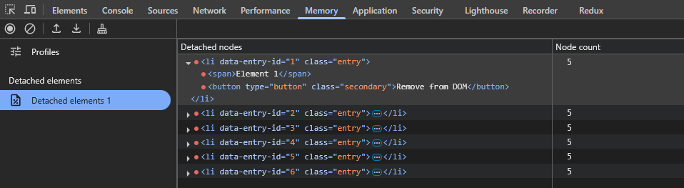Chrome DevTools dans Memory avec le profile Detached elements affichant plusieurs éléments li retirés mais encore retenus.