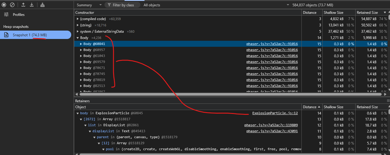 Heap snapshot montrant de nombreux Body Phaser retenus par des ExplosionParticle.