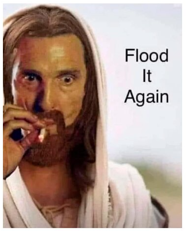 Meme montrant une personne déguisée en Jésus avec le texte Flood It Again.
