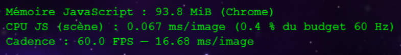 HUD du lab affichant la mémoire JavaScript, le temps CPU de la scène en millisecondes par image, le pourcentage du budget à 60 Hz et la cadence.