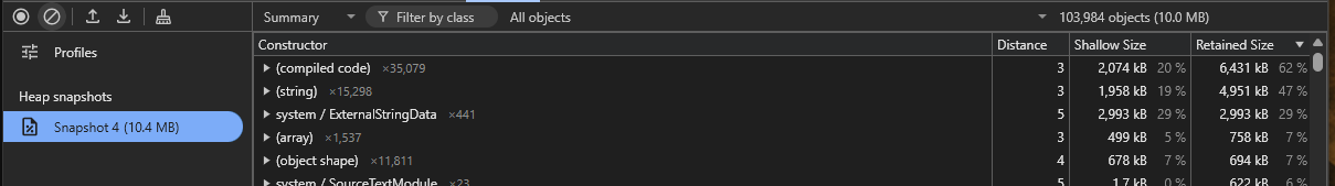 Chrome DevTools affiche un heap snapshot pris à l’instant, avec la liste des constructors et leurs tailles shallow et retained.