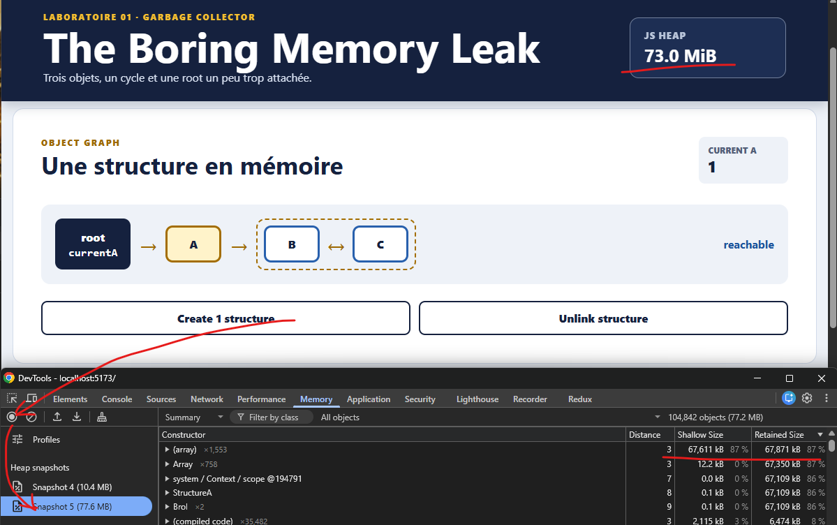 Le lab après la création d’une structure et Chrome DevTools ouvert sur un nouveau heap snapshot, où le constructor Brol est visible parmi les entrées les plus volumineuses.
