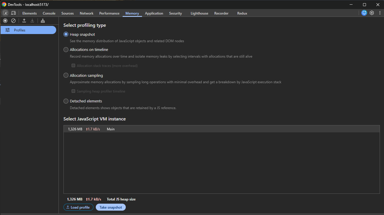 Chrome DevTools ouvert sur l’onglet Memory, avec Heap snapshot sélectionné parmi les types de profiling.