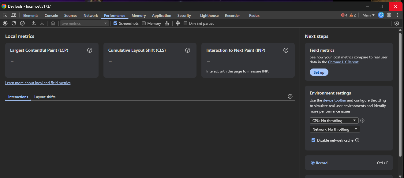 Chrome DevTools ouvert sur l’onglet Performance, avec le bouton Record visible.
