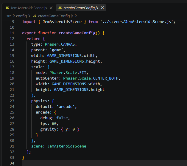 Configuration Phaser du lab avec le renderer Canvas sélectionné.