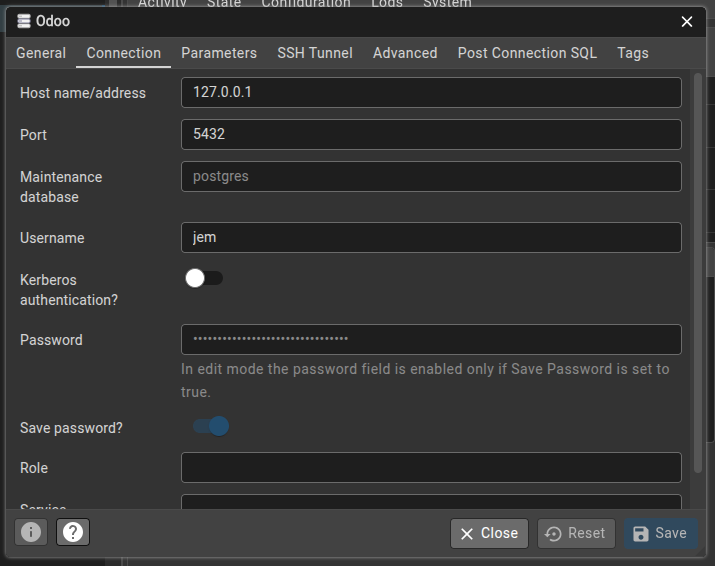 Onglet Connection de pgAdmin avec l'hôte 127.0.0.1, le port 5432, la base postgres et l'utilisateur jem.