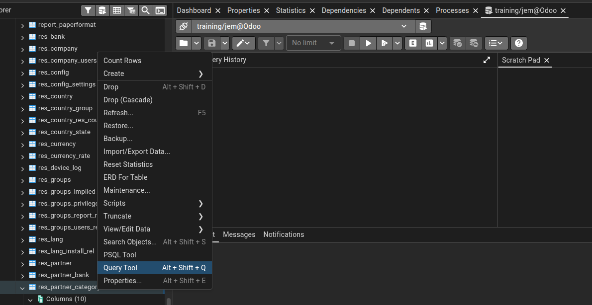 Menu contextuel de pgAdmin sur la table res_partner_category, avec l'option Query Tool sélectionnée.