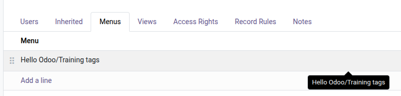 Onglet Menus de la fiche d'un groupe Odoo.