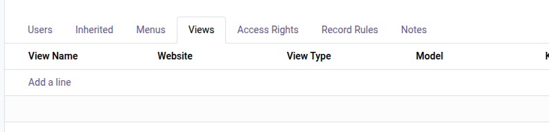 Onglet Views de la fiche d'un groupe Odoo.