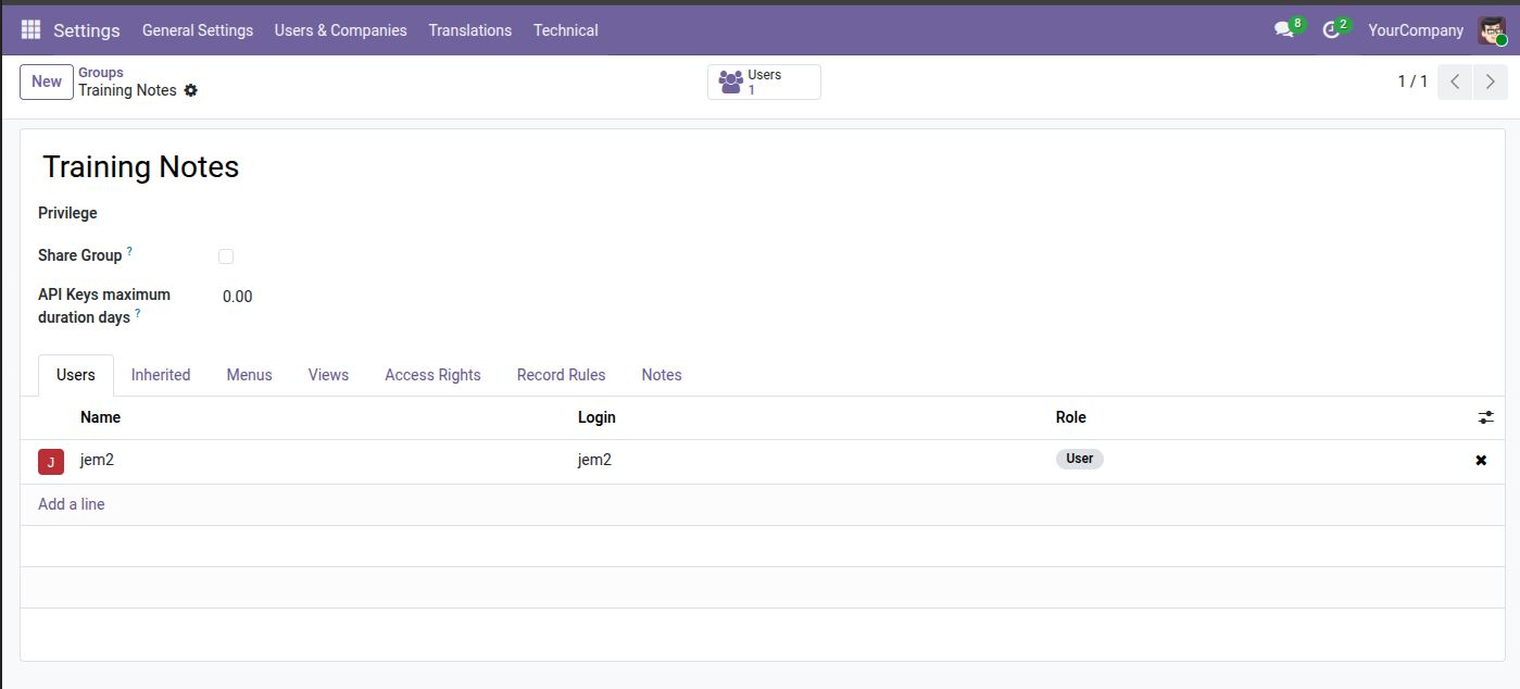Fiche du groupe Training Notes avec les onglets Users, Inherited, Menus, Views, Access Rights, Record Rules et Notes.