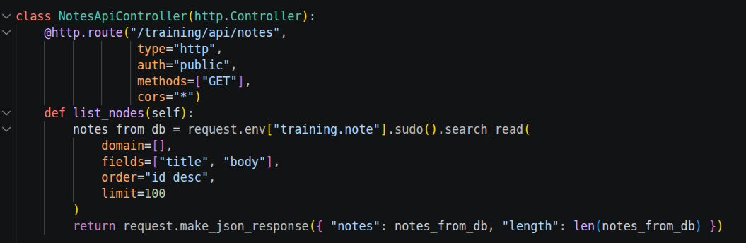 Extrait de notes_api.py : la route GET /training/api/notes utilise auth=public et l'appel search_read est précédé de sudo().
